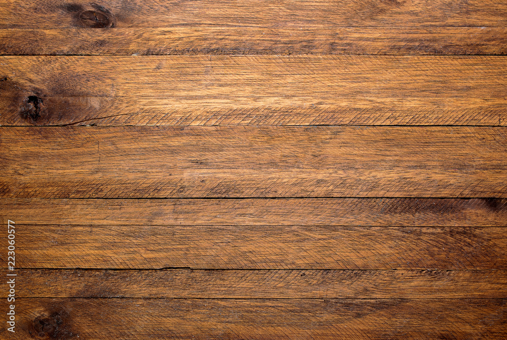 Brown wood table background, lots of contrast, wooden texture - obrazy, fototapety, plakaty 