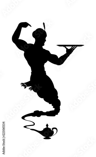 Silhouette helpful genie from Arabic lamp. Detailed contour black. Vector isolated illustration