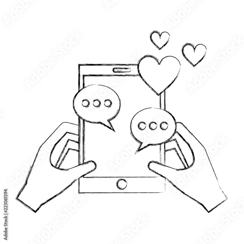 hands with smartphone chatting love hearts romance