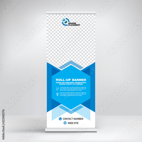 Roll-up design, modern graphic style, banner for advertising goods and services, stand for exhibitions, presentations, conferences, seminars. Abstract blue background. Template for photos and text.
