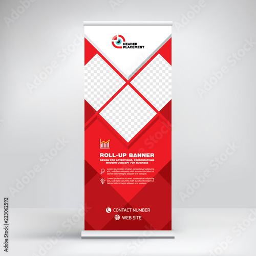 Roll-up design, modern graphic style, banner for advertising goods and services, stand for exhibitions, presentations, conferences, seminars. Abstract red background. Template for photos and text.