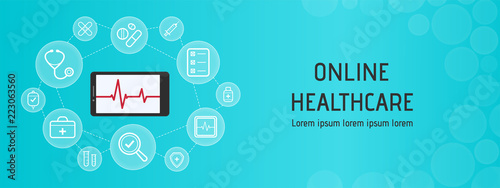 Health care, online doctor, medicine technologies concept for web banner template. Mobile technology in medicine, flat line icons. Vector illustration eps10