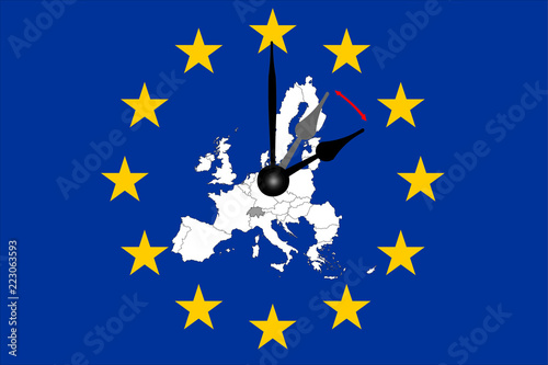 Europa Zeitumstellung Europaflagge mit Europakarte und Zeiger