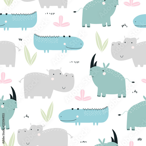 Photography Childish seamless pattern with cute African animals