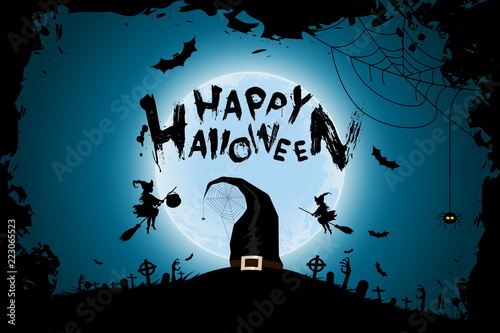 Halloween Funny Background with Witches and Moon.