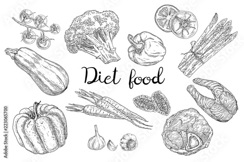 Diet food sketches. Hand drawn low carb vegetables, meat and fish for healthy eating.