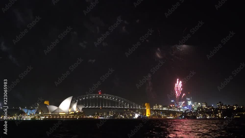 4k UHD cinematic establishing shot of night scene with fireworks show at Sydney city skyline.