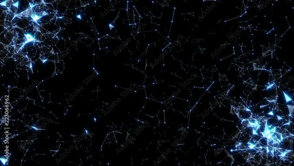 Space elements. Plexus. Transforming clouds in the corners of the screen. Depth of field. Network operation. Sparkling elements. Place for text. Seamless loop.