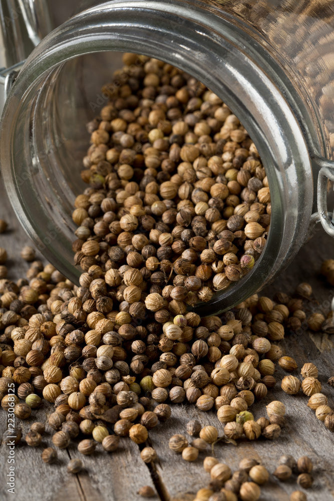 Raw, unprocessed organic coriander or cilantro seeds in glass jar on wooden table Raw, unprocessed organic coriander or cilantro seeds in glass jar on wooden table