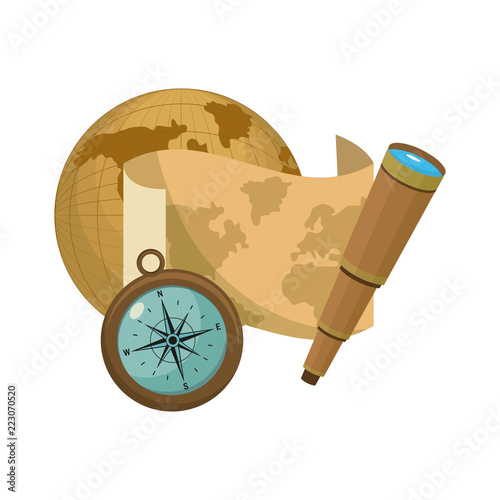 global planet with map and monocular with compass