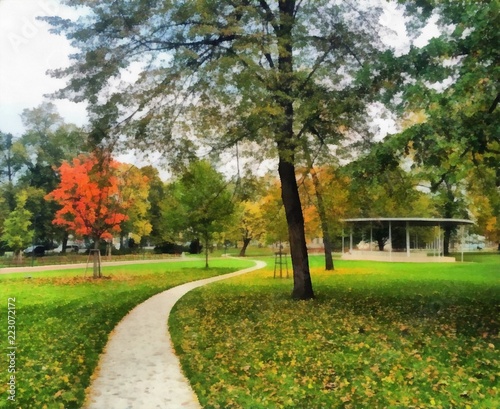 Hand drawing watercolor art on canvas. Artistic big print. Original modern painting. Acrylic dry brush background. Beautiful autumn landscape. City park