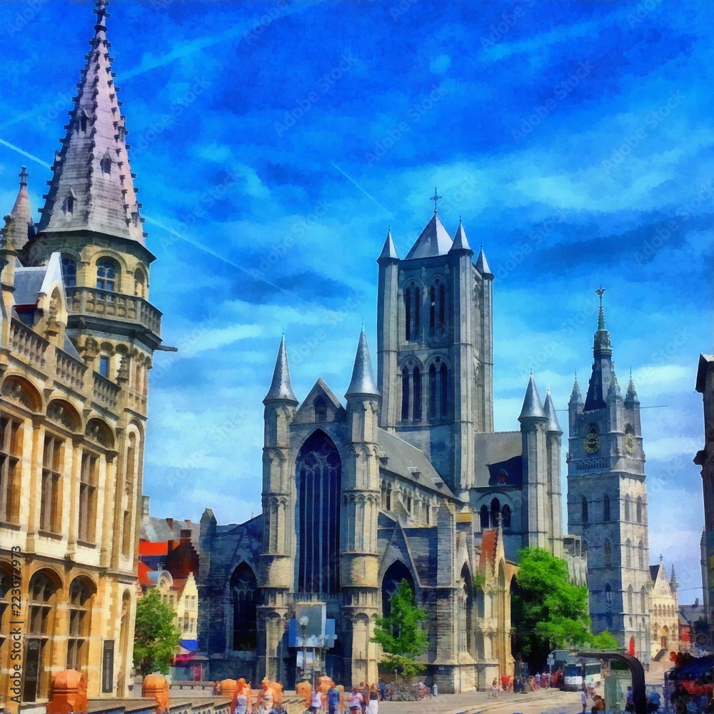 Fototapeta premium Hand drawing watercolor art on canvas. Artistic big print. Original modern painting. Acrylic dry brush background. Beautiful city landscape. Europe cathedral.