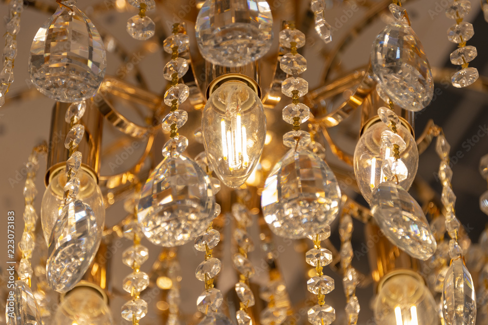Close up on crystal of contemporary chandelier