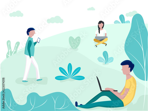 People with gadgets in the city park, showing Internet dependence in everyday life. Social Networking and Communication Concept. Using laptops and smartphone outdoors.