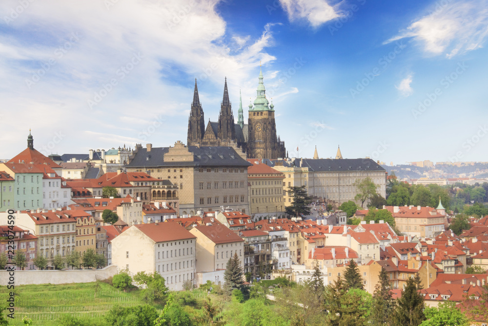 Beautiful view of St. Vitus Cathedral, Prague Castle and Mala Strana in Prague, Czech Republic