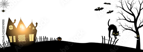 Vector banner for Halloween evnets in black and white minimal style with silhouettes of a haunted house, tree, cat, and bats