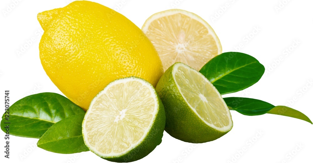 Lemons and Limes with Leaves - Isolated