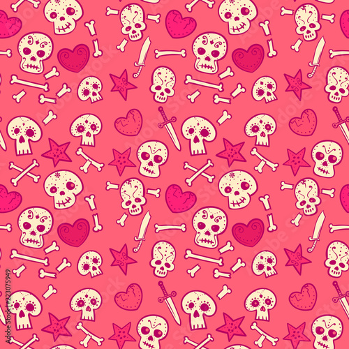 pattern with skulls and hearts, bones and daggers, vector seamless background, cartoon style