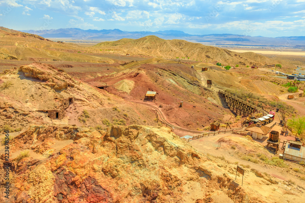 Aerial view of Calico, a Cowboy Theme Park, atop of overlook. Calico is a Ghost Town, and former Mining town in Calico Mountains of Mojave Desert region of Southern California, United States.