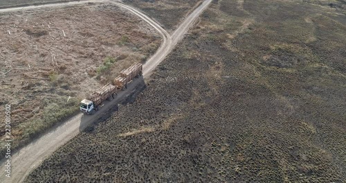 Log truck rounding corner on dirt track set in burned deforested area
