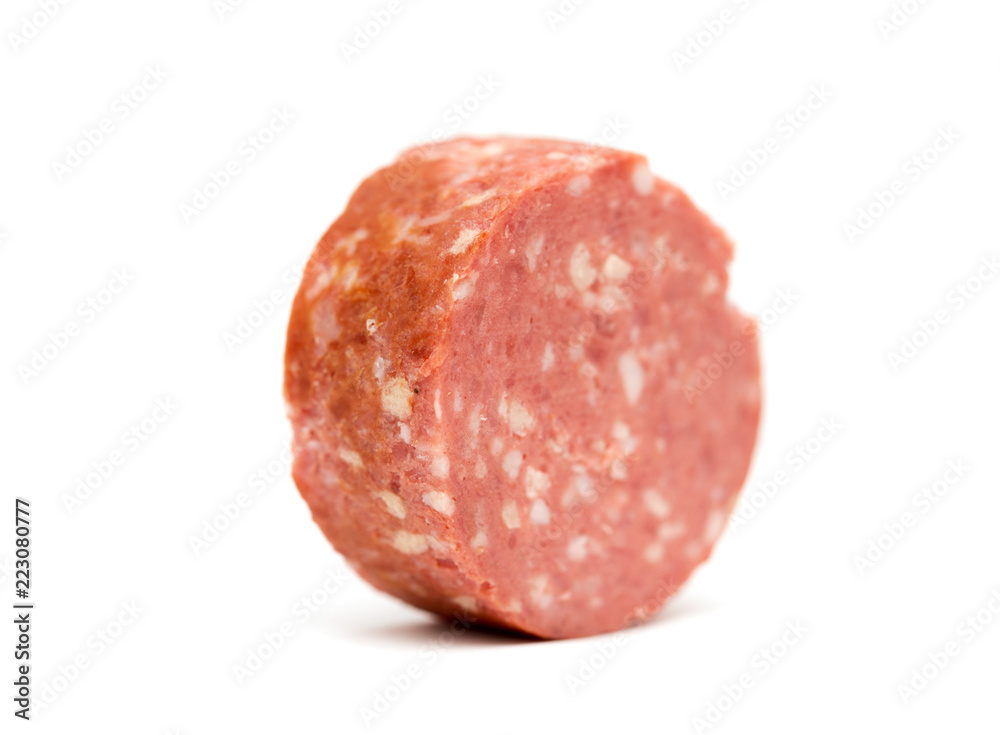 Slice sausage on a white background