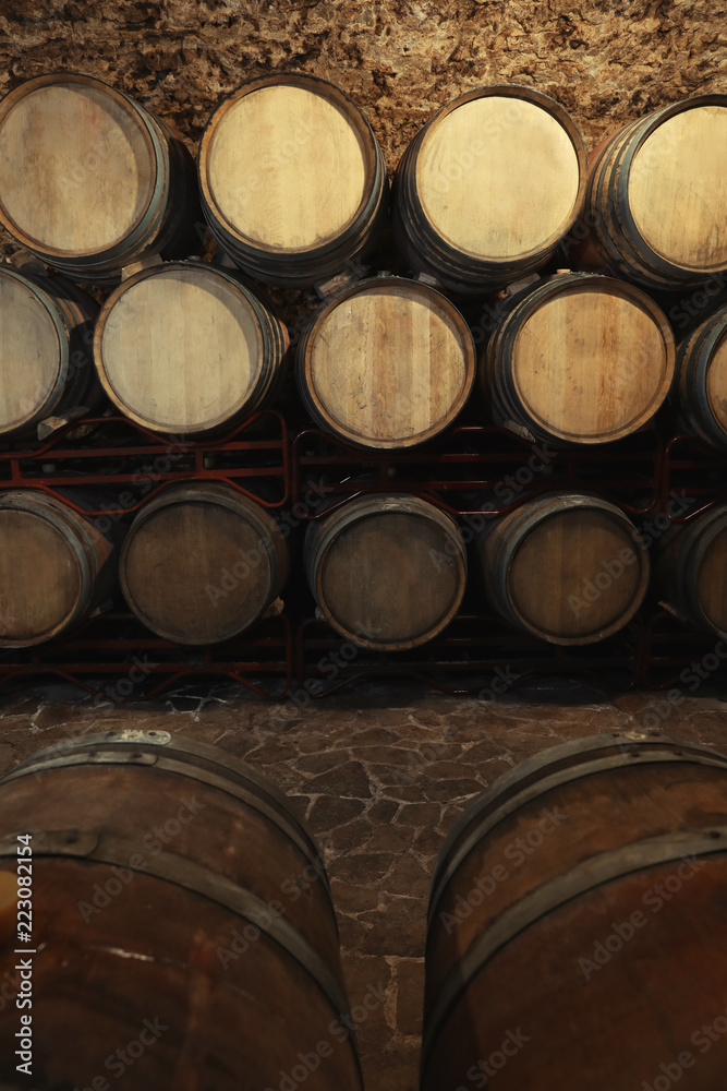 Wine cellar interior with large wooden barrels