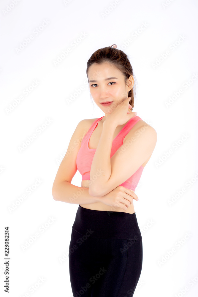 Beautiful portrait young asian woman in sport clothing with satisfied and confident isolated on white background, girl asia have shape and wellness, exercise for fit with health concept. Beautiful portrait young asian woman in sport clothing with satisfied and confident isolated on white background, girl asia have shape and wellness, exercise for fit with health concept.