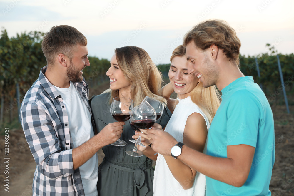 Friends holding glasses of wine and having fun on vineyard picnic Friends holding glasses of wine and having fun on vineyard picnic