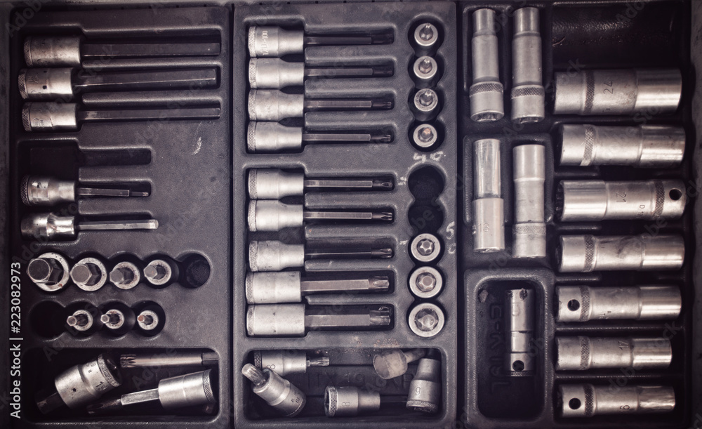 set of used service tools for mehanic to repair car set of used service tools for mehanic to repair car