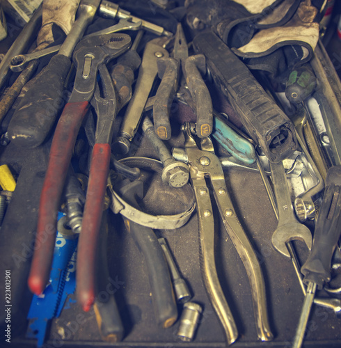 set of used service tools for mehanic to repair car