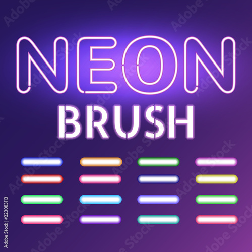 Set of Neon light brushes. Colorful neon tubes on dark background.  Vector illustration