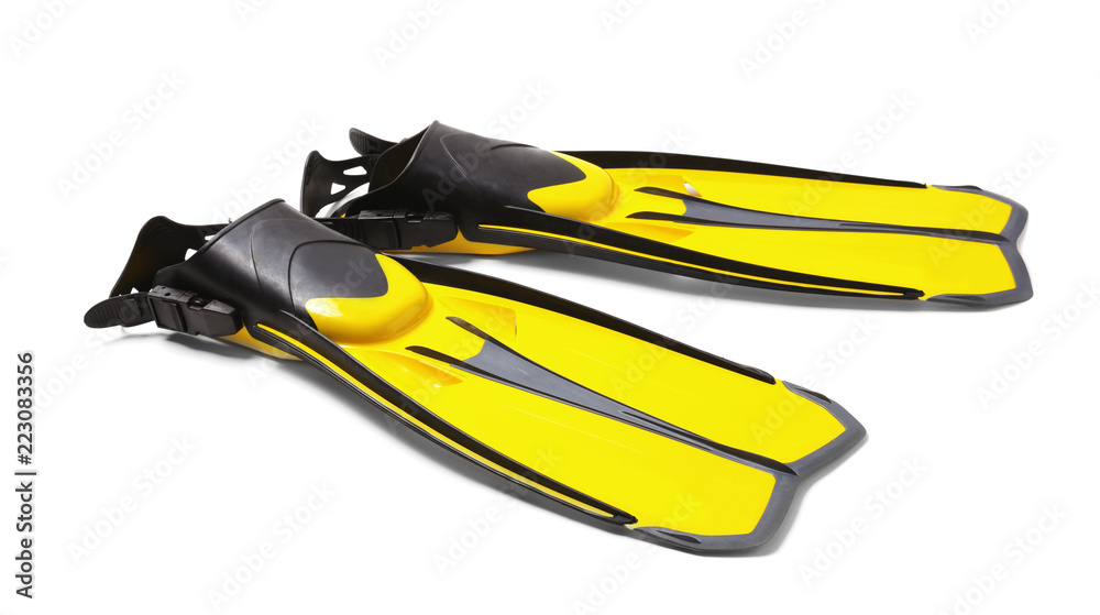 Pair of yellow flippers on white background Pair of yellow flippers on white background