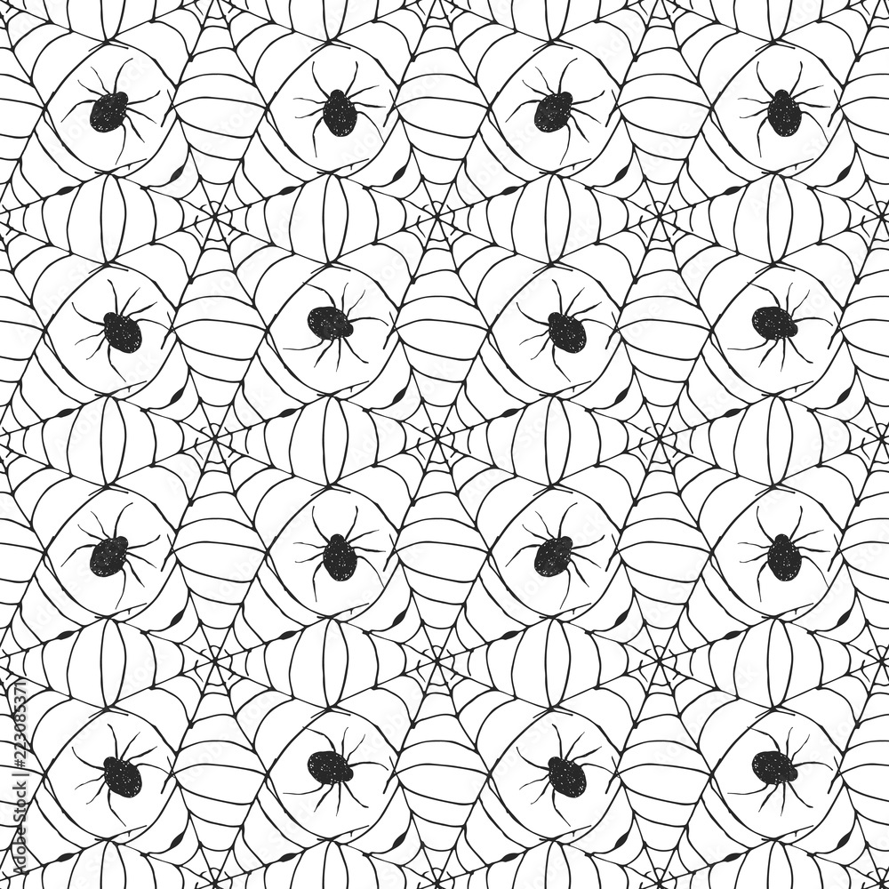 Spider web seamless pattern vector illustration. Hand drawn sketched web background