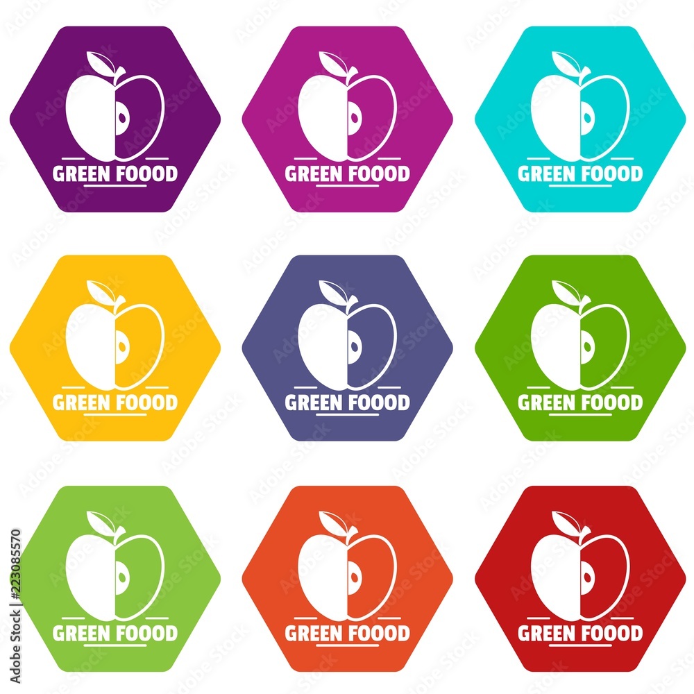 Green food icons 9 set coloful isolated on white for web Green food icons 9 set coloful isolated on white for web