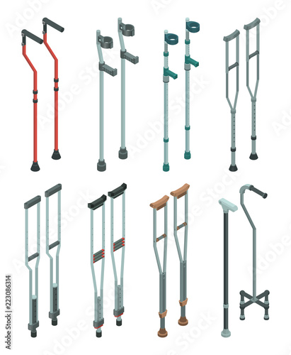 Crutches icon set. Isometric set of crutches vector icons for web design isolated on white background