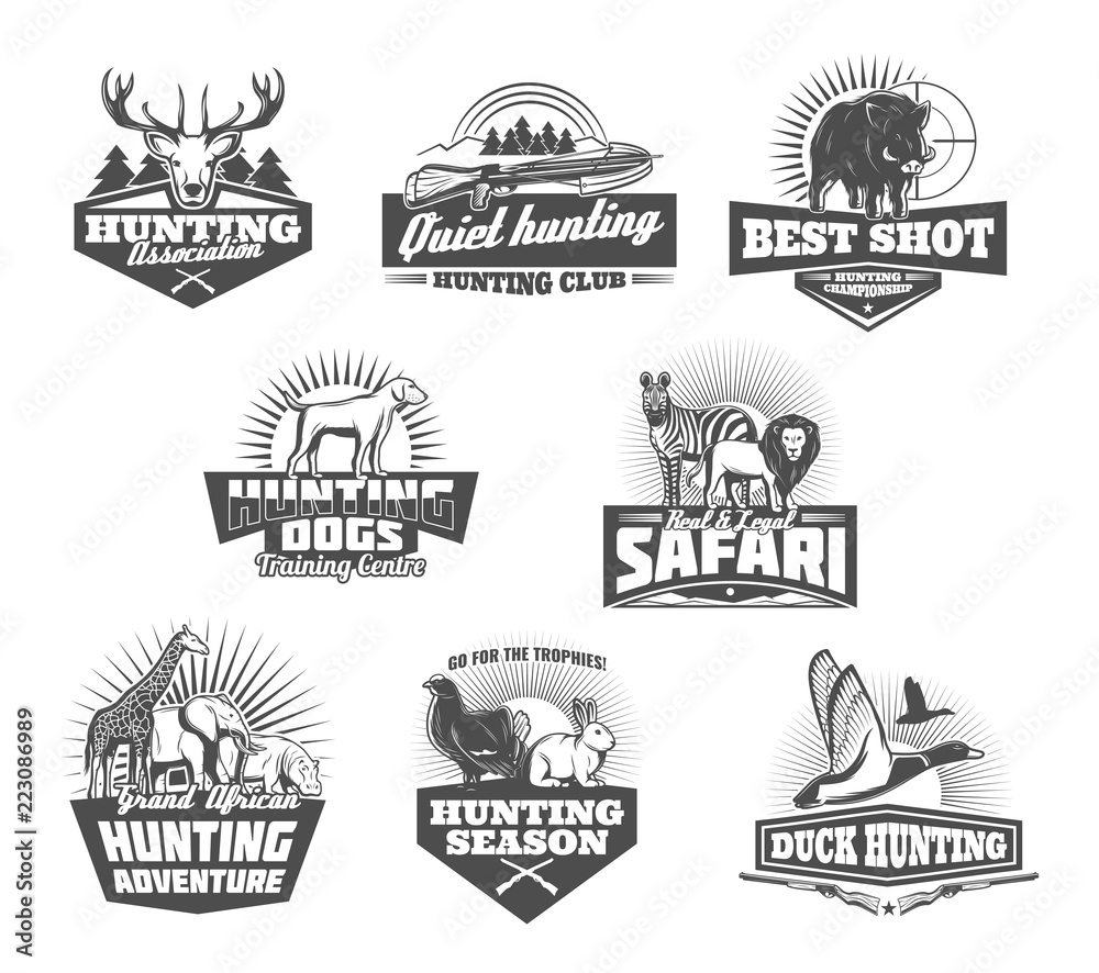 Hunting club, animals and gun retro icons Hunting club, animals and gun retro icons