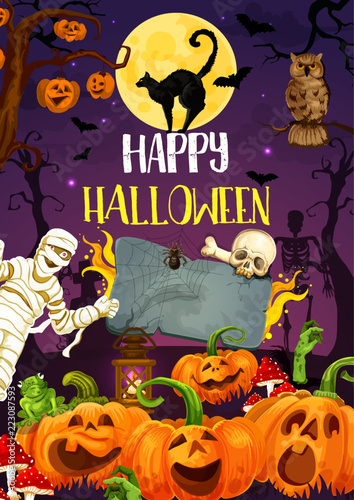 Halloween pumpkin, monsters and mummy at cemetery