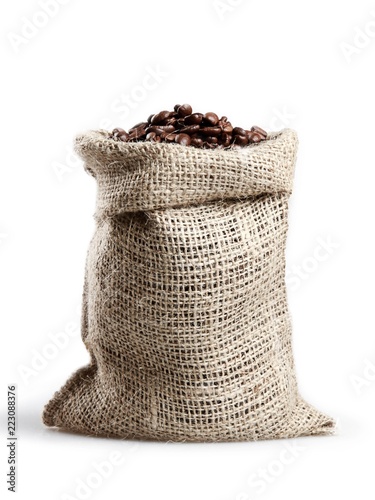 Canvas Sack of Coffee Beans - Isolated on White