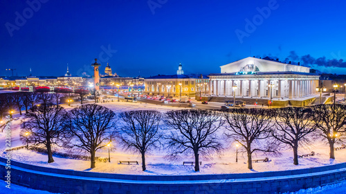 Petersburg. Russia. Spit of Vasilyevsky Island. Winter in St. Petersburg. Vasilievsky Island in winter. Russian Federation. Vasileostrovskaya. The night city of St. Petersburg.