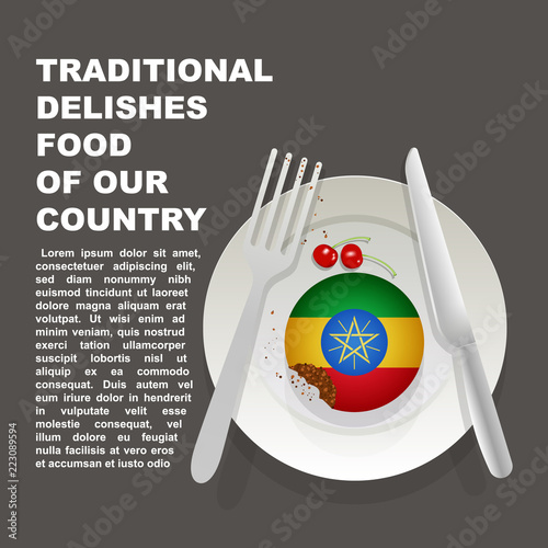 Traditional delicious food of Ethiopia country poster. African national dessert. Vector illustration cake with national flag of Ethiopia