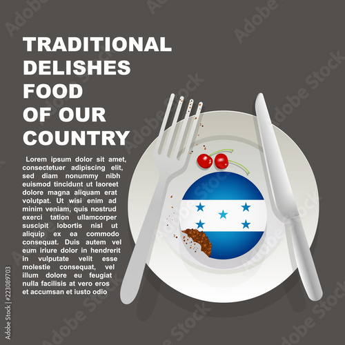 Traditional delicious food of Honduras country poster. American national dessert. Vector illustration cake with national flag of Honduras