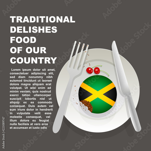 Traditional delicious food of Jamaica country poster. American national dessert. Vector illustration cake with national flag of Jamaica