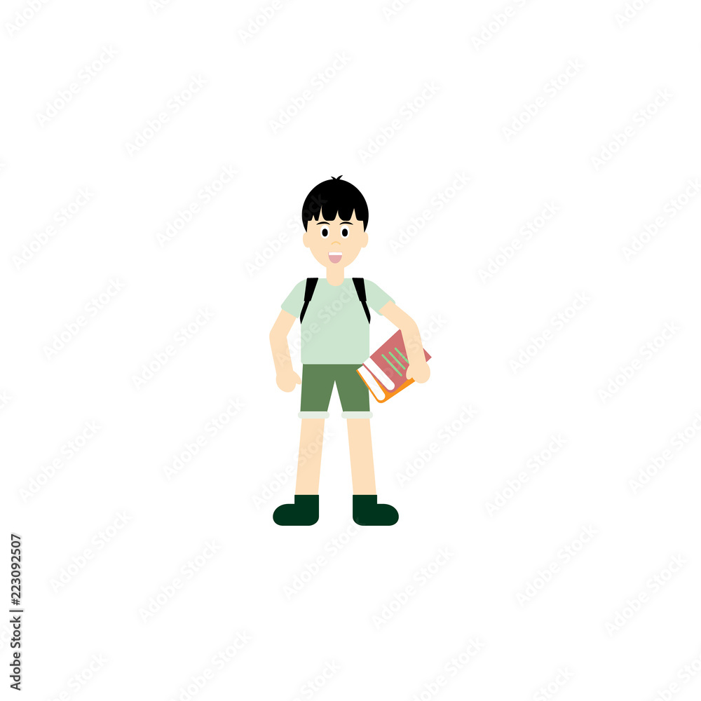 Schoolboy with backpack in shorts and blue t-shirt vector illustration isolated on white. Smiling youngster, cute child full length Schoolboy with backpack in shorts and blue t-shirt vector illustration isolated on white. Smiling youngster, cute child full length