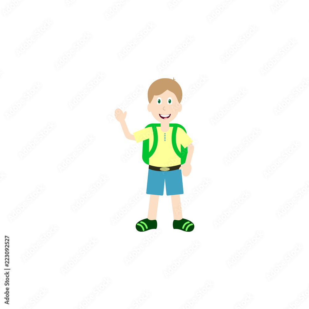 Schoolboy with backpack in shorts and blue t-shirt vector illustration isolated on white. Smiling youngster, cute child full length Schoolboy with backpack in shorts and blue t-shirt vector illustration isolated on white. Smiling youngster, cute child full length