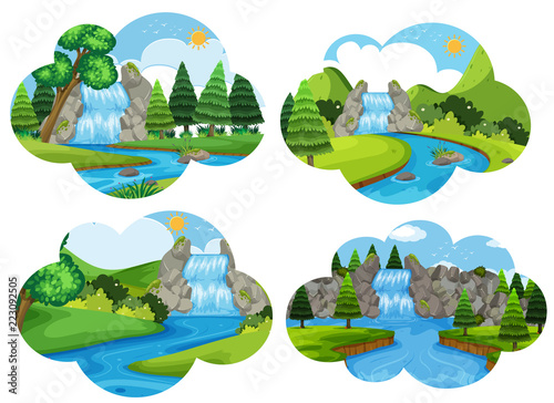Set of waterfall nature scenes