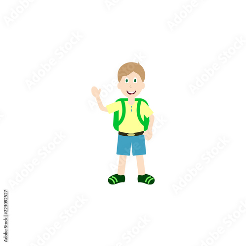 Schoolboy with backpack in shorts and blue t-shirt vector illustration isolated on white. Smiling youngster, cute child full length