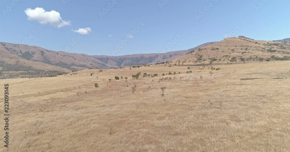 Dry grassland hills in clear day with valley over the horizon aerial shot Dry grassland hills in clear day with valley over the horizon aerial shot