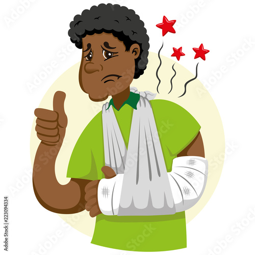 Mascot ben person man, with arm bandaged, fracture, immobilized, using temporary sling. Ideal for informational and institutional related to medicine