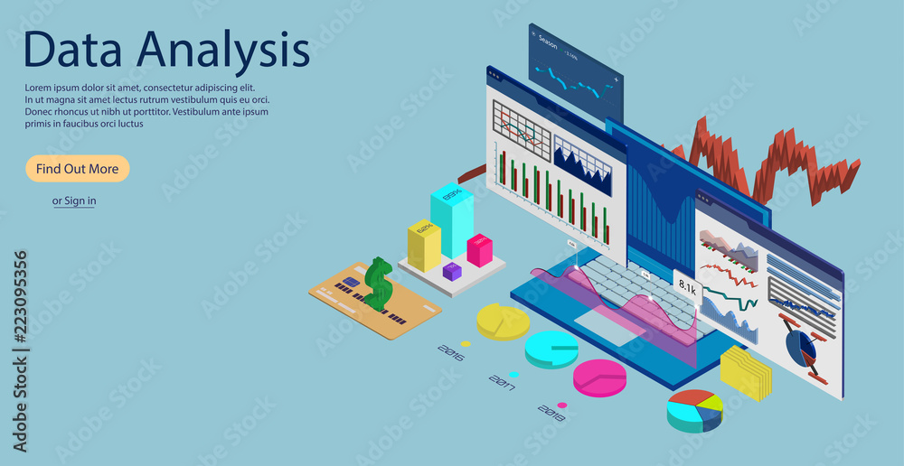 Online Statistics and Data Analytics Concept Banner, Landing page template. Laptop with Data Analysis and Statistics, in 3D isometric. Concept of Data Analysis for website and mobile website. 