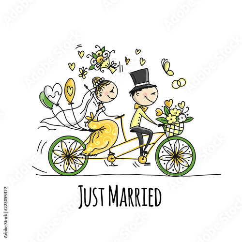 Wedding card design. Bride and groom riding on bicycle